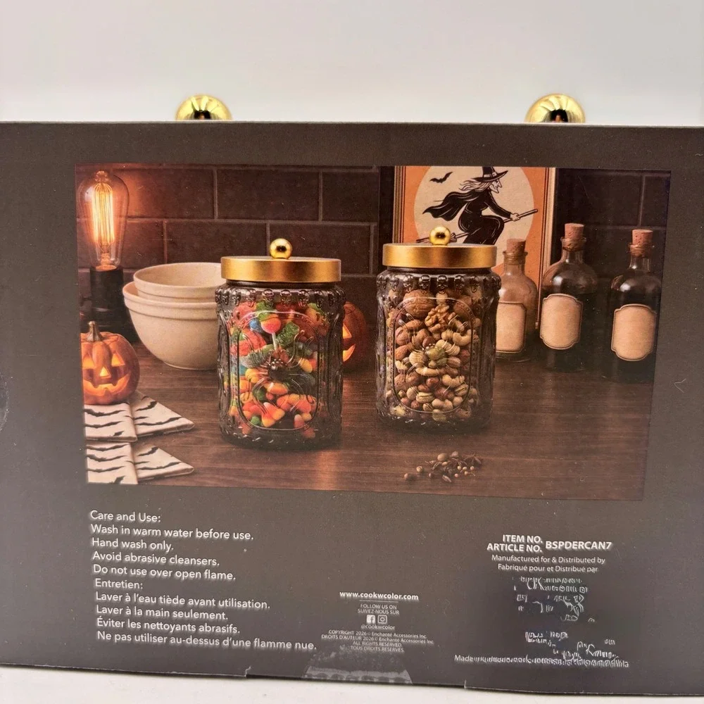 Cook With Color 2pc Glass Canister Set Spider Skull Gothic Gold Lid Halloween